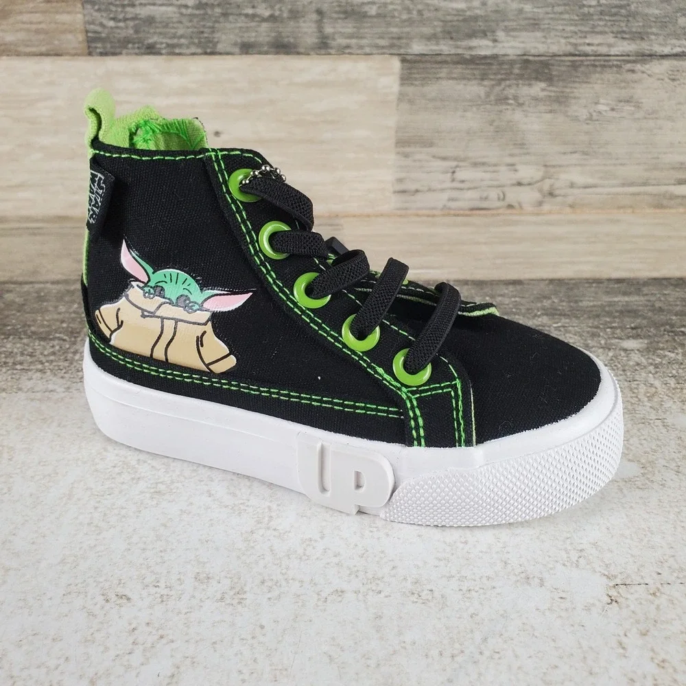 Ground Up Shop Grogu Toddler Shoe Sz 7 Black Canvas Bright Green Lace-Up Sneaker